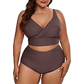 Eytino Womens Plus Size Bikini Sets High Waisted V Neck Bahting Suits Two Piece Color Block Swimsuits(1X-5X)