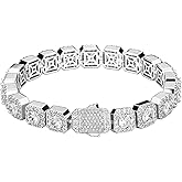 JINAO 10MM Silver Tennis Bracelet for Men Women 18k Gold-Plated Brass Iced Out Cubic Zirconia Square Halo Cluster Wrist Chain Jumbo Bracelet (Silver, 8.0)