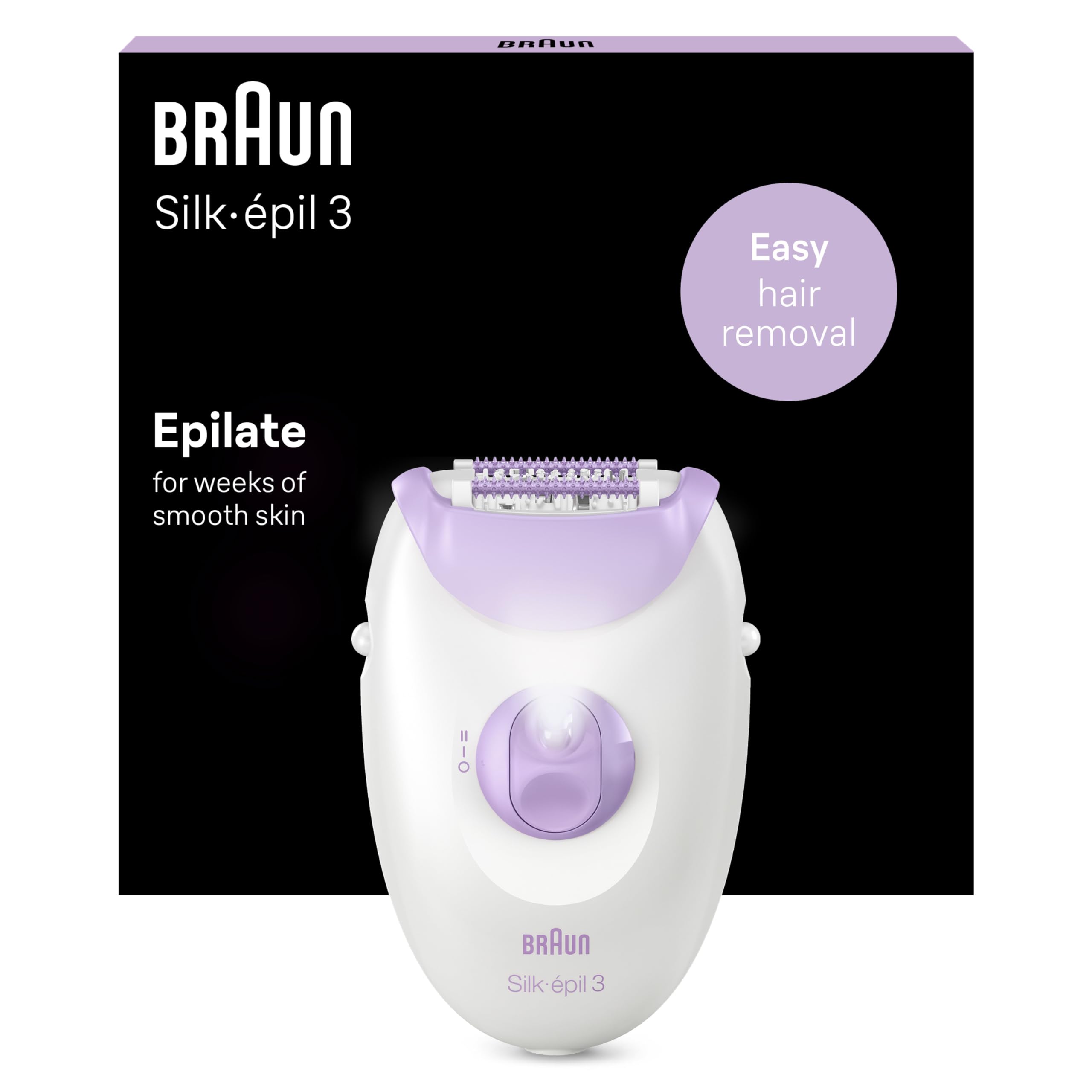 Braun Silk-épil 3 Epilator for Women for Long-Lasting Hair Removal, 20 Tweezer System, Smartlight Technology, UK 2 Pin Plug, 3-170, White/Purple