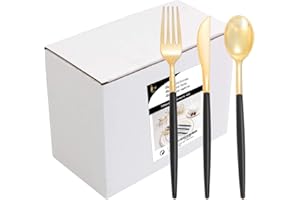 I00000 144 PCS Gold Plastic Silverware, Disposable Flatware with Black Handle, Gold Plastic Cutlery Includes: 48 Forks, 48 Knives and 48 Spoons for Party or Dinner& Wedding