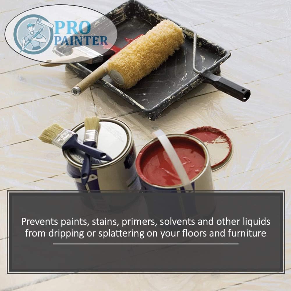Drop Cloth (3 Pack), Pro Painter 9 Feet x 12 Feet Clear Plastic Drop Cloth 1mm Thickness, Waterproof, Lightweight Plastic Tarp, Painting Tarp, Plastic Cover Sheet for Furniture Floors Patio Workshop - - 