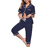 COLORFULLEAF Womens Cotton Pajama Sets Short Sleeve Button Down Sleepwear Summer Capri Pants Pjs with Pockets