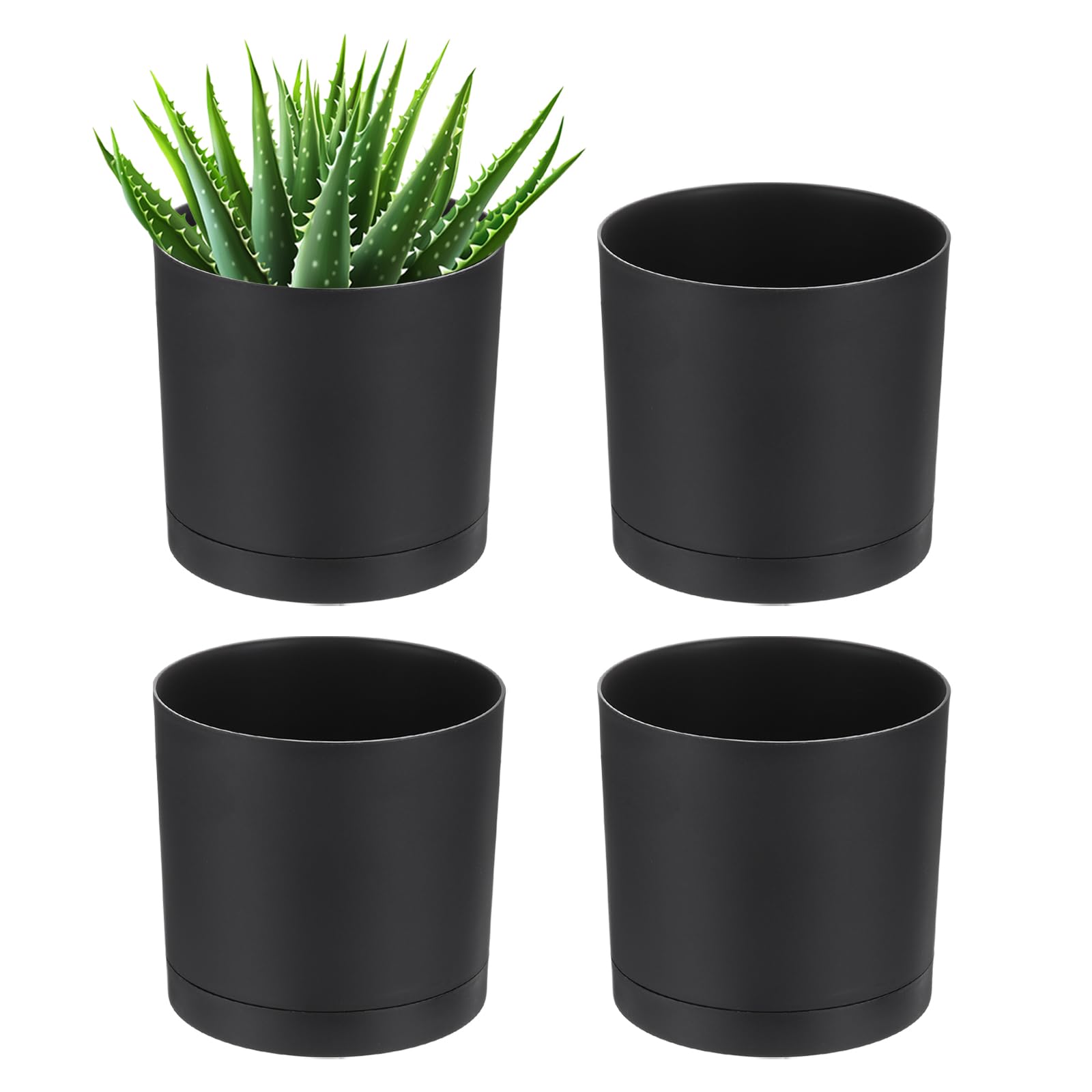 PATIKIL 5 Inch/12.5cm Plastic Plant Pots, 4 Pack Small Flower Pot Planters with Drainage Holes and Saucer for Home Decor Indoor Plants, Black