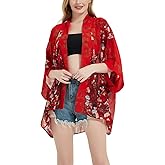 Women's Loose Print Sheer Chiffon Kimono Beach Swim Cover up Cardigan Capes Blouse Tops