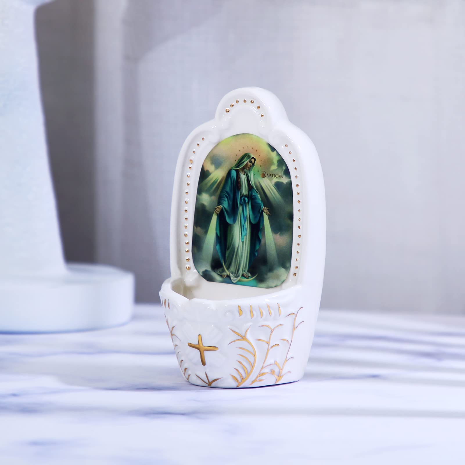 KOMI Porcelain Catholic Holy Water Font Virgin Mary Holy Water Font for Entrance of Home Church Wall Hanging Decor Great Gift for First Communion, Confirmation, or New Home, Catholic