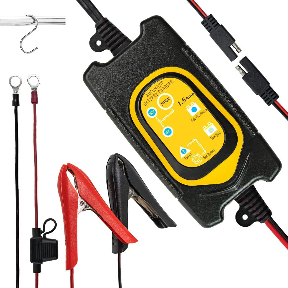 ULTRAPOWER 6V/12V Battery Bharger and Maintainer,1.5A Automatic Intelligent Charger,Trickle Charger,Floating Charger,Suitable for Cars,Motorcycles,Tractors,AGM,Gel Battery Lead-Acid Battery（Yellow）