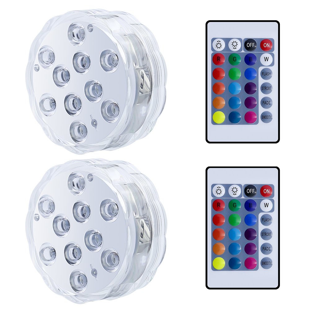 Submersible LED Lights Remote Controlled, LUXJET Waterproof RGB Pond Light Color Changing, Battery Operated for Vase,Aquarium,Fish Tank,Table Centerpiece,Wedding, Party Event Decor Lighting, Pack of 2