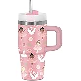 Ballerina Gifts for Girls, Pink Ballerina Tumbler with Handle and Straw for Kids 14 Oz, Insulated Stainless Steel Ballet Mug Cup, Birthday Gifts for Dance Lover Girls Women Dancer