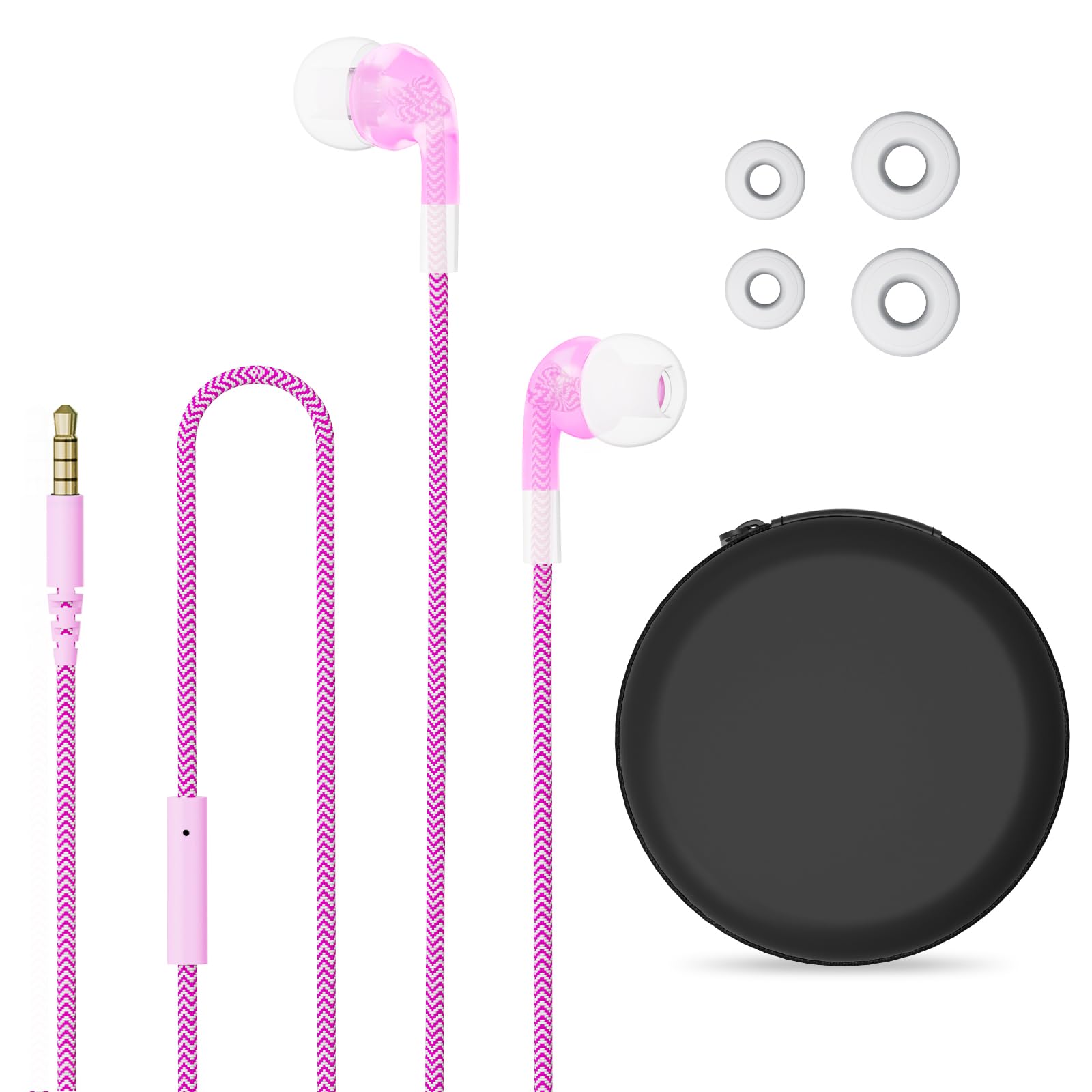 GEEKRIA Kids Wired Earbuds with Mic & Volume Control for School and Online Class, Children's 3.5mm Jack In-Ear Earphone with 85dB Volume Limit for Small Ears, Storage Case Included (Pink)