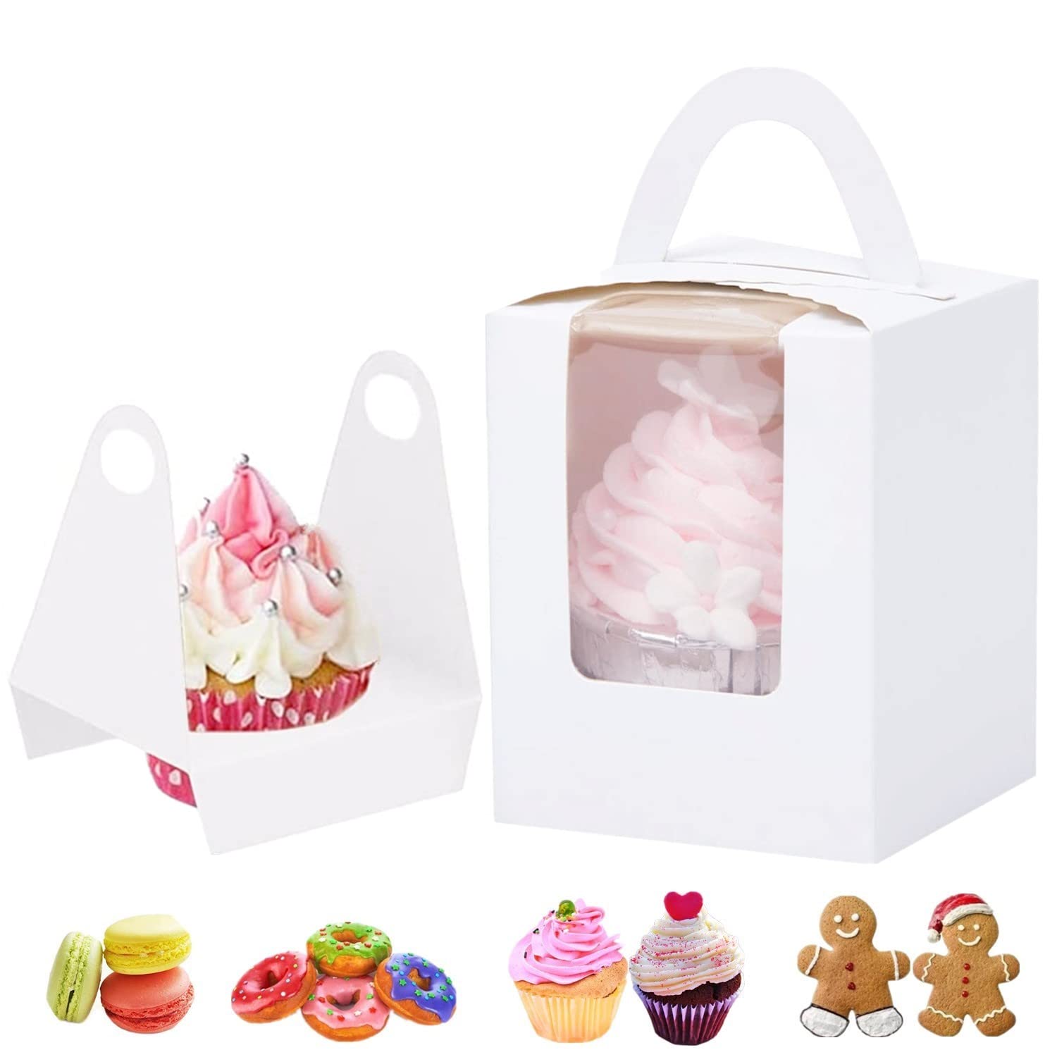 GUIFIER 30 Pack White Individual Cupcake Boxes with Handles, Bakery Boxes with Window, Single Cupcake Container Carrier Mini Cake Boxes, Pastry Boxes Treat Boxes for Baby Shower Wedding Party Favors