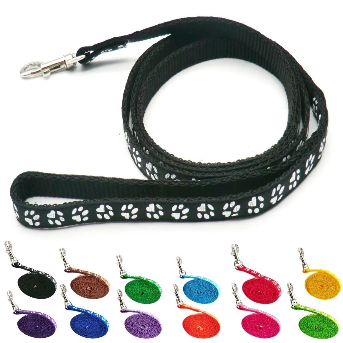 Small Dog Puppy Pet Cat Kitten Lead Pawprint Design Lightweight Nylon Metal Clip 120cm Leash Black — image 1