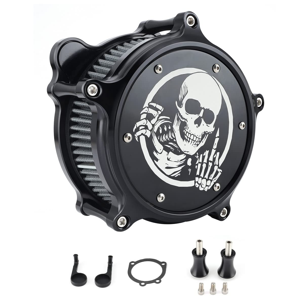 Photo 1 of High Flow Air Filter Intake Kit with Skull Design for Harley Dyna Softail Touring EVO Twin Cam (Black, Built-in Breather) 1993-2017
