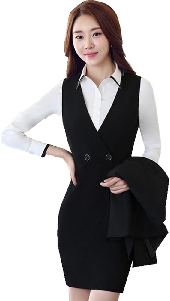 Amazon sy レディース セットスーツ ワンピース シャツ トネックタイ3点セッ ポケット付き Olスーツ フォーマル Olオフィス就活ビジネス通勤 事務服 お洒落 ファッション 正規品 上質 一つボタン 春秋冬 S ブラック ワンピーススーツ 通販