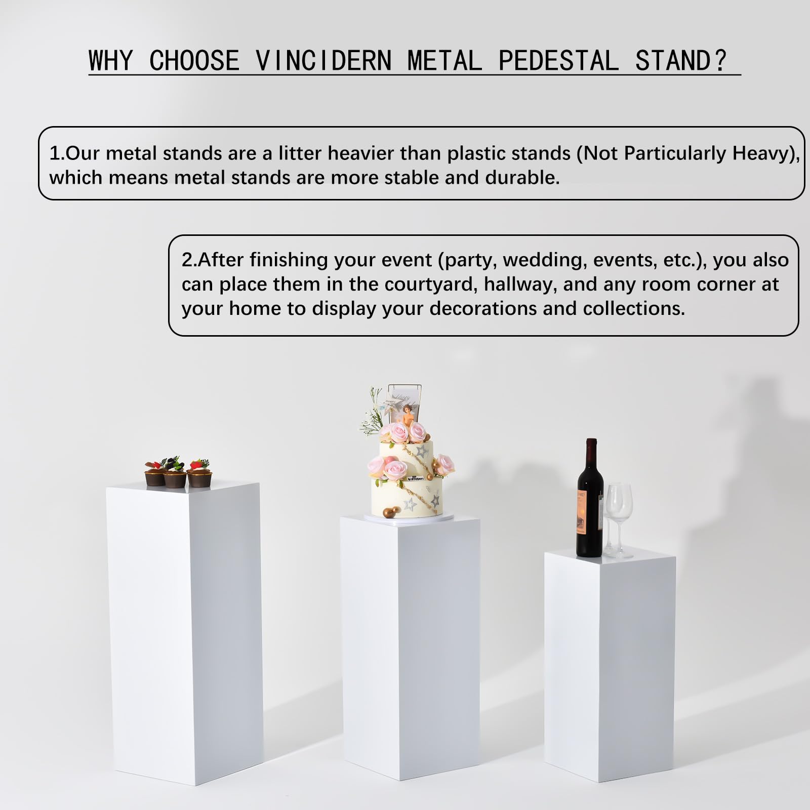 Vincidern 3PCs Metal Pedestal Stand for Party, White Display Stands Pillars for Wedding, Sculpture Display Column Decoration Cube