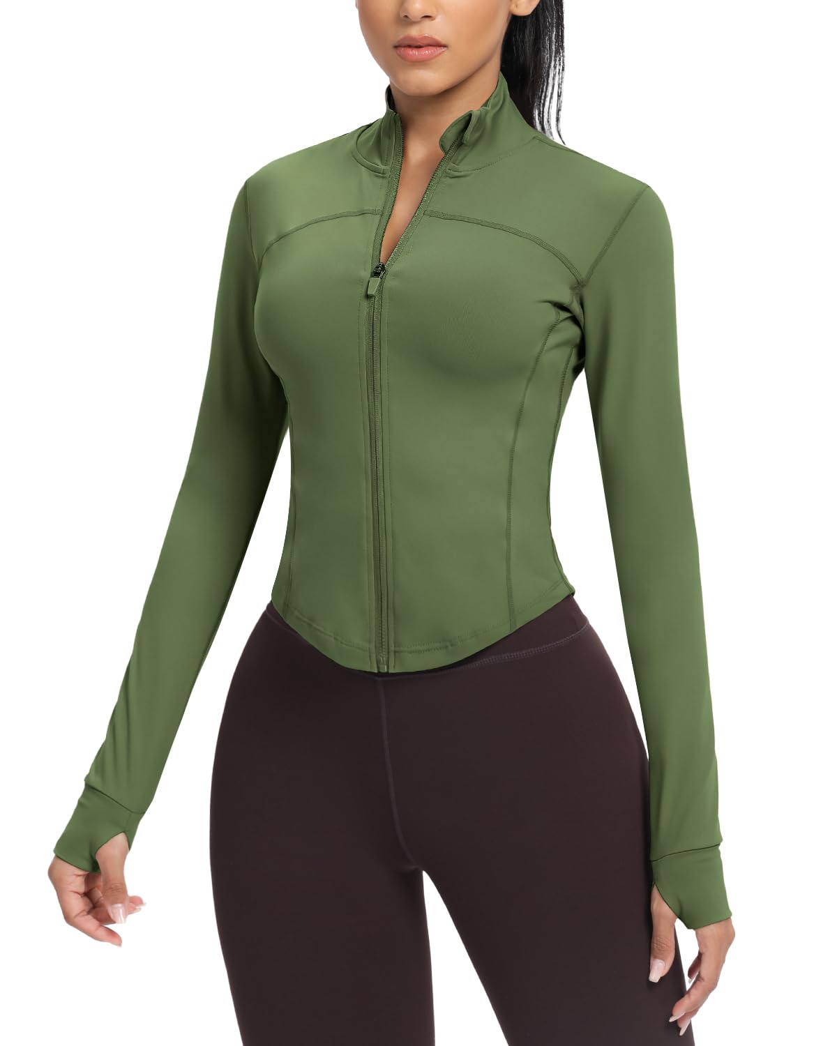 AVGO Long Sleeve Workout Tops for Women Slim Fit Athletic Jackets Lightweight Workout Sweaters for Gym Running Pilates Yoga Track Golf Hiking Crossfit Army Green Image