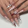 Long Press on Nails Stiletto Fake Nails Pink False Nails French Tip Acrylic Nails with 3D Bow Cherry Design Glue on Nails Heart Star Full Cover Stick on Nails for Women Manicure 24Pcs