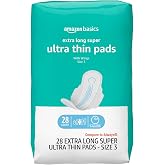 Amazon Basics Ultra Thin Pads with Flexi-Wings for Periods, Extra Long Length, Super Absorbency, Leak Protection, Unscented, Size 3, 28 Count