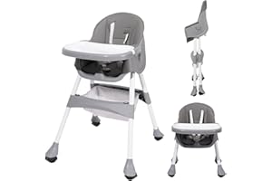 MOMJOY Baby High Chair, 6 in 1 Convertible High Chairs for Babies and Toddlers, Toddler Feeding Chair with Double Removable Tray, Adjustable Footrest & Machine Washable Cushion（Grey）