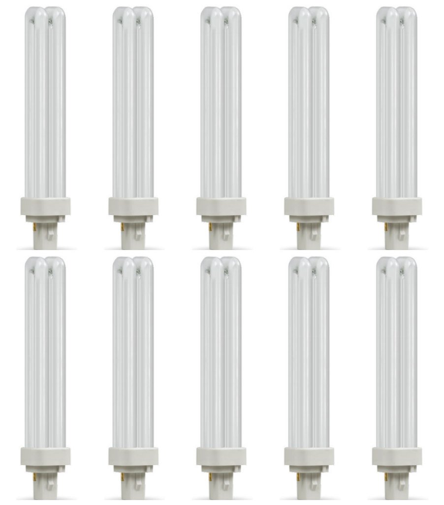 Crompton Lamps CFL (10 Pack) PLC 26W G24d-3 Double Turn D-Type 4000K Cool White Frosted 1716lm 2-Pin Energy Saving Push Fit Compact Fluorescent TC-D Compact-D Opal Multipack Light Bulbs
