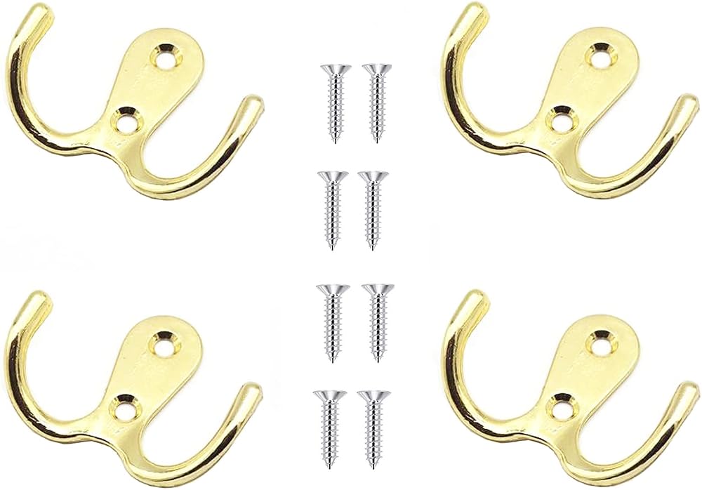 Yesmin 4 Pcs Double Prong Coat Hooks Gold 40mm 54mm With 8 Screws