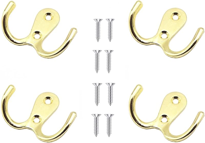Yesmin 4 Pcs Double Prong Coat Hooks Gold 40mm 54mm With 8 Screws