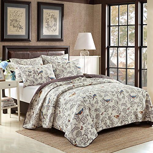 CONTONTING Textile 3-Piece Quilted Bedspread Coverlet Set Comforter Set, 100% Cotton, Bird,Queen