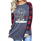 Women's This is My Christmas Movies Watching Shirt Long Sleeve Raglan Snowman T-Shirt Plaid Splicing Tops