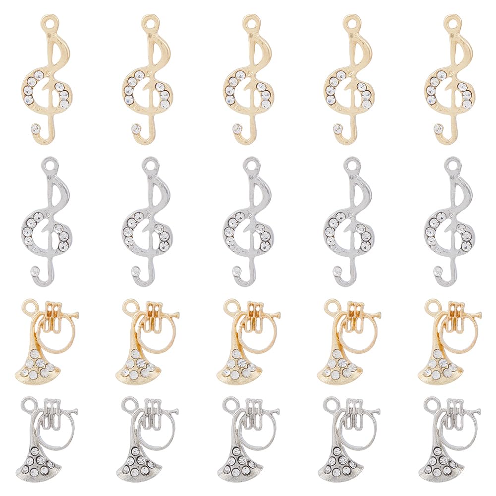SUPERFINDINGS 20Pcs 4 Style Rack Plating Charms Alloy Rhinestone Pendants Platinum Golden Musical Note Instruments Charms Sparkling Rhinestone Charms for Jewelry Making, Hole: 1.5~2mm