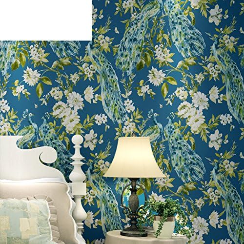 hand-painted Peacock wallpaper the living room TV background wall Ink blue black wallpaper-A