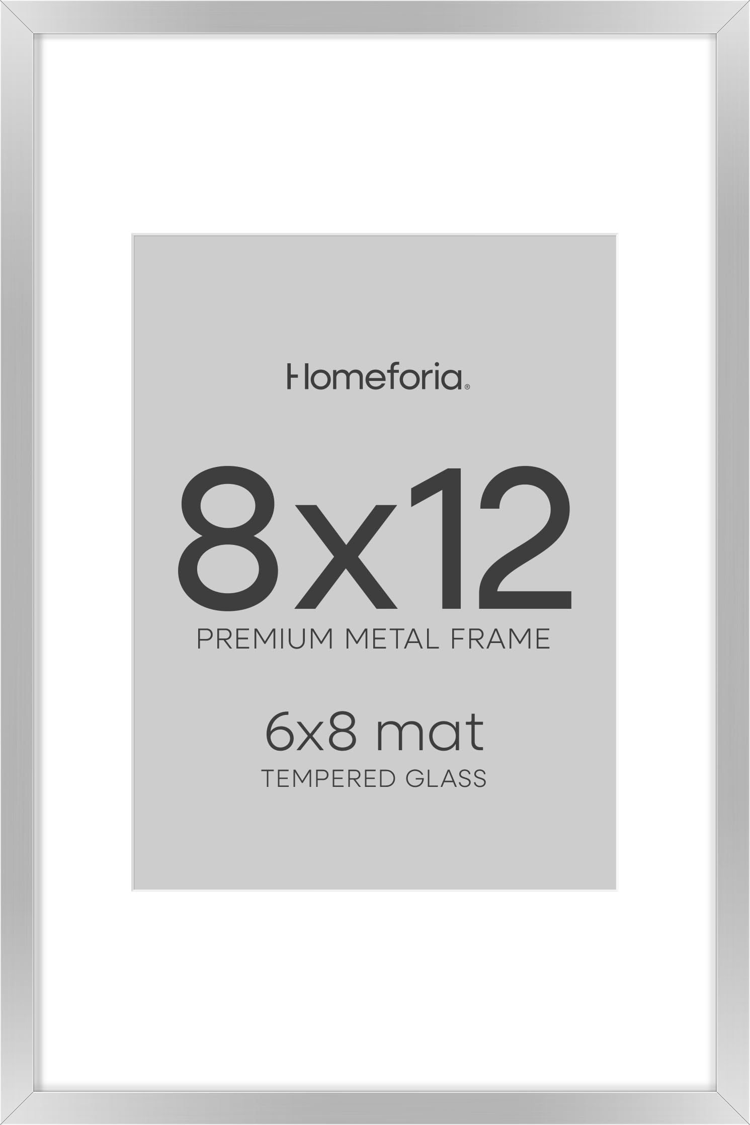 Photo 1 of Homeforia Silver 8x12 Picture Frame, High End Metal 8 x 12 Poster Frames with Mat 6 by 8 for Photo, 12x8 Frame Matted to 6x8 inch Art, 8by12 Wall or Tabletop Frames, Tempered Glass, Wall Kit, Set of 1