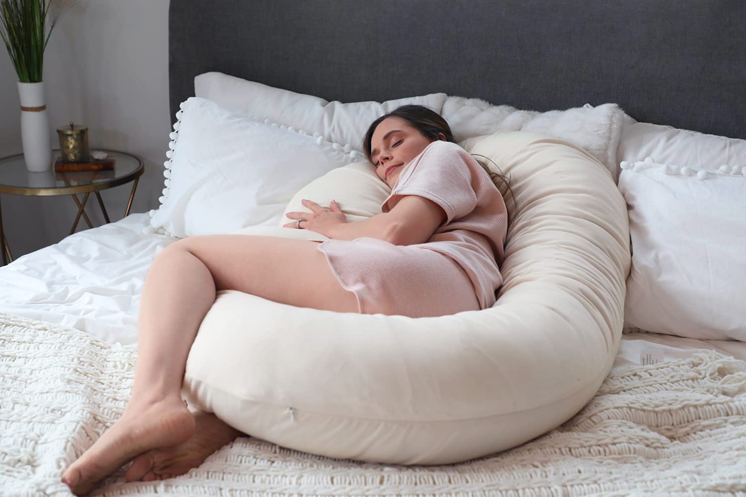 Pharmedoc Pregnancy Pillows, C-Shape Full Body Pillow – Organic Cotton Cover Beige – Pregnancy Pillows for Sleeping – Body Pillows for Adults, Maternity Pillow and Pregnancy Must Haves, New Mom Gifts