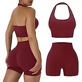OLCHEE Workout Sets for Women 2 Piece Backless Halter Sports Bra High Waist Booty Shorts Yoga Gym Outfits Lounge Activewear