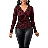 Floerns Women's V Neck Long Sleeve Ruched T Shirt Jacquard Mesh Dressy Casual Tops