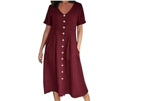 SHOPESSA Linen Dresses for Women 2024 Casual V Neck Button Up Midi Dress with Pockets Short Sleeve Flowy Summer Dress