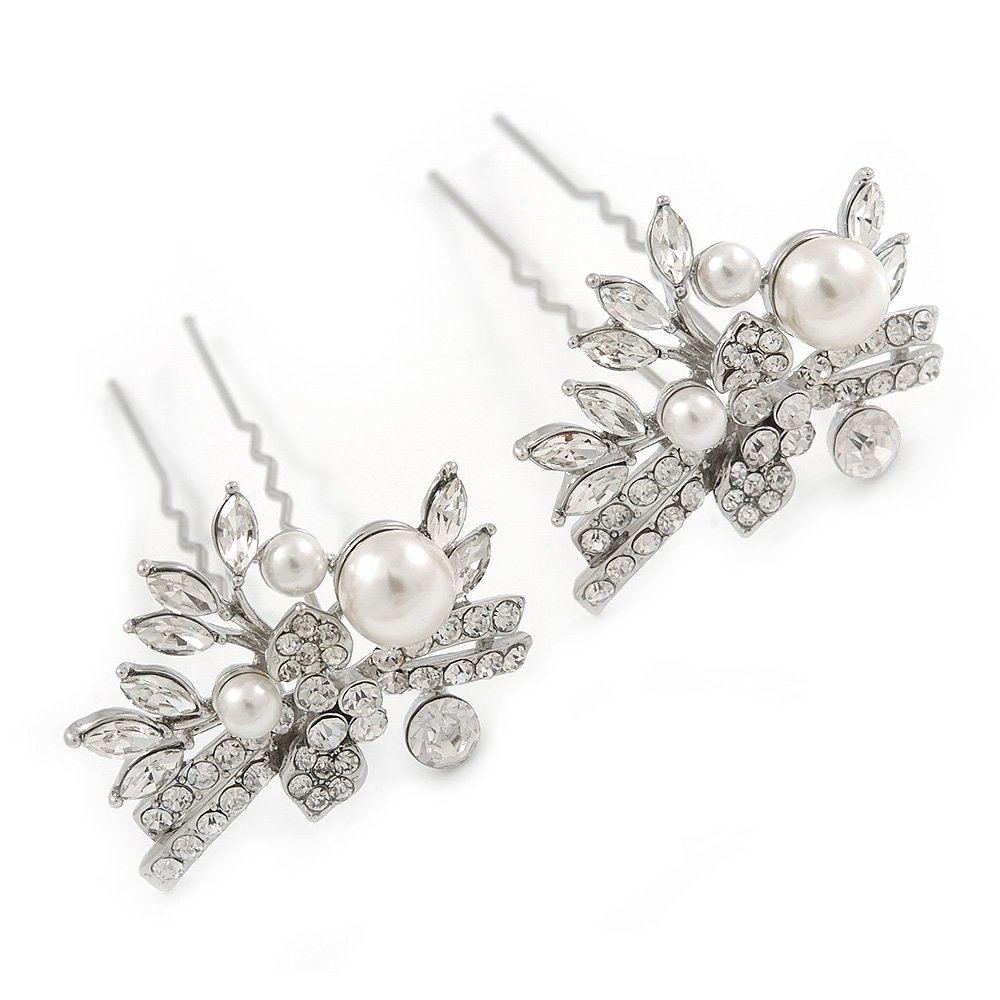 Bridal/Wedding/Prom/Party Set Of 2 Rhodium Plated Clear Austrian Crystal Glass Pearl Floral Hair Pins - 70mm L