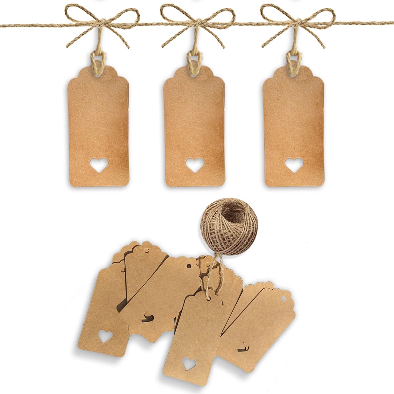 PCP 100 Pcs Gift Tags 9x4.5cm Kraft Paper Tags with 30m Jute Twine String for Arts & Craft, Luggage Label, Weddings, Valentines & Christmas, 300g/m² (Brown)