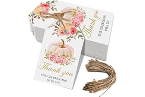 AUKOLASS 50 Pink Pumpkin Gift Tags - Fall Theme with String, Thank You Tags for Wedding, Birthday, Baby Shower & Party Favors (Two Colors)