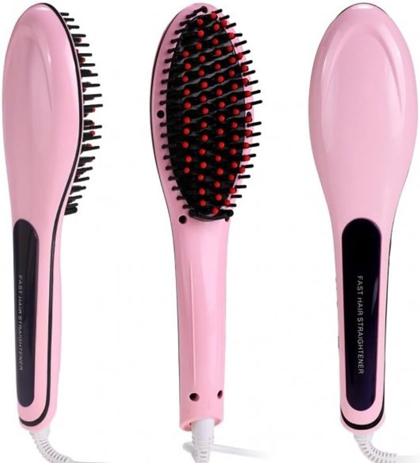 Pink Digital LCD Ceramic Electric Straightener Heating Detangling Hair Brush