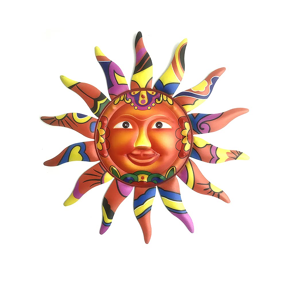 SagaSave 1Pcs Metal Sun Wall Art Decor, 12.8 Inches Bright Sun Hanging Ornament Decorations for Home Office Garden Patio Fence (Orange)