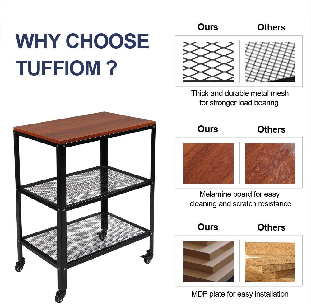 TUFFIOM 3-Tier Kitchen Microwave Cart, Rolling Kitchen Utility Cart, Standing Bakers Rack Storage Cart with Metal Frame for Living Room (Brown) - Standing Baker's Racks
