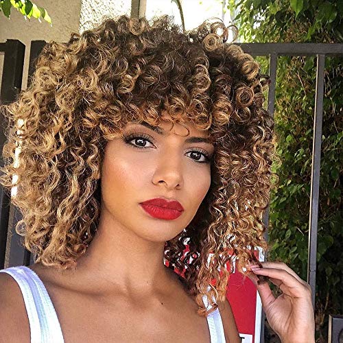 LBE-Afro-Kinky-Curly-Synthetic-Short-Wig-With-Bangs-Mixed-Brown-and-Blonde-Heat-Resistant-Full-Wigs-for-Women-14-inches-Mixed-Brown-and-Blonde