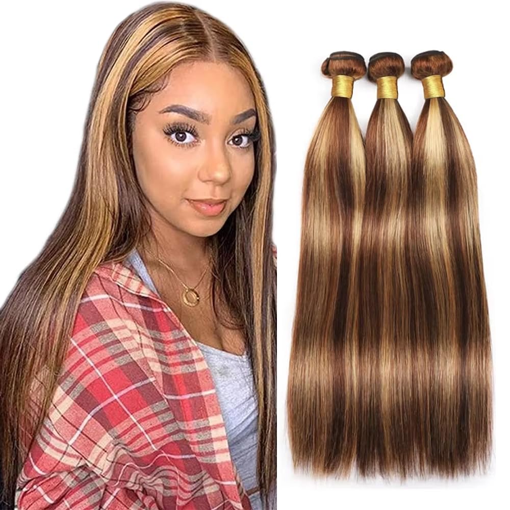 Photo 1 of 24 24 24 Inch Copper Red Bundles Human Hair Straight Bundle P33/27 Highlight Blonde 3 Bundles 300g/Pack Unprocessed Brazilian Virgin Hairs Double Weft Weaves Hair Extensions