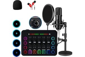 SKTOME Gaming Audio Mixer, Podcast Equipment Bundle with XLR Microphone Interface, 48V Phantom Power Condenser Microphone, 4 Customize Sound Board for Podcast Recording, Streaming, Youtube, PC, Smartphone