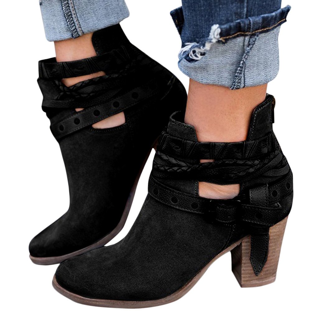 Poplover Women\'s Faux Suede Back Zipper Ankle Boots Mid Block Heels Shoes Black 4.5 UK