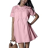 Shiyifa Womens Babydoll Lace Patchwork Dresses Summer Short Sleeve Ruffle Sundress Loose Crew Neck A-Line Dresses