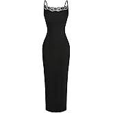 Milumia Women's Lace Trim Ribbed Sleeveless Bodycon Maxi Dress Spaghetti Strap Long Cami Slip Dress