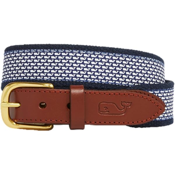 Vineyard Vines Navy Whale-Pattern Belt with Brown Leather Trim VINEYARD VINES BLUE/BROWN COTTON WITH LEATHER TABS WHALE  main image 2