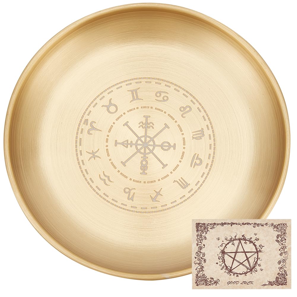 CREATCABIN Viking Runes Altar Plate Tarot Plate Ritual Burning Candle Holder Bowls Offering Incense Burning Ceremony with Altar Card Home Decor for Witchcraft Wiccan Wedding Golden 5.55 Inch