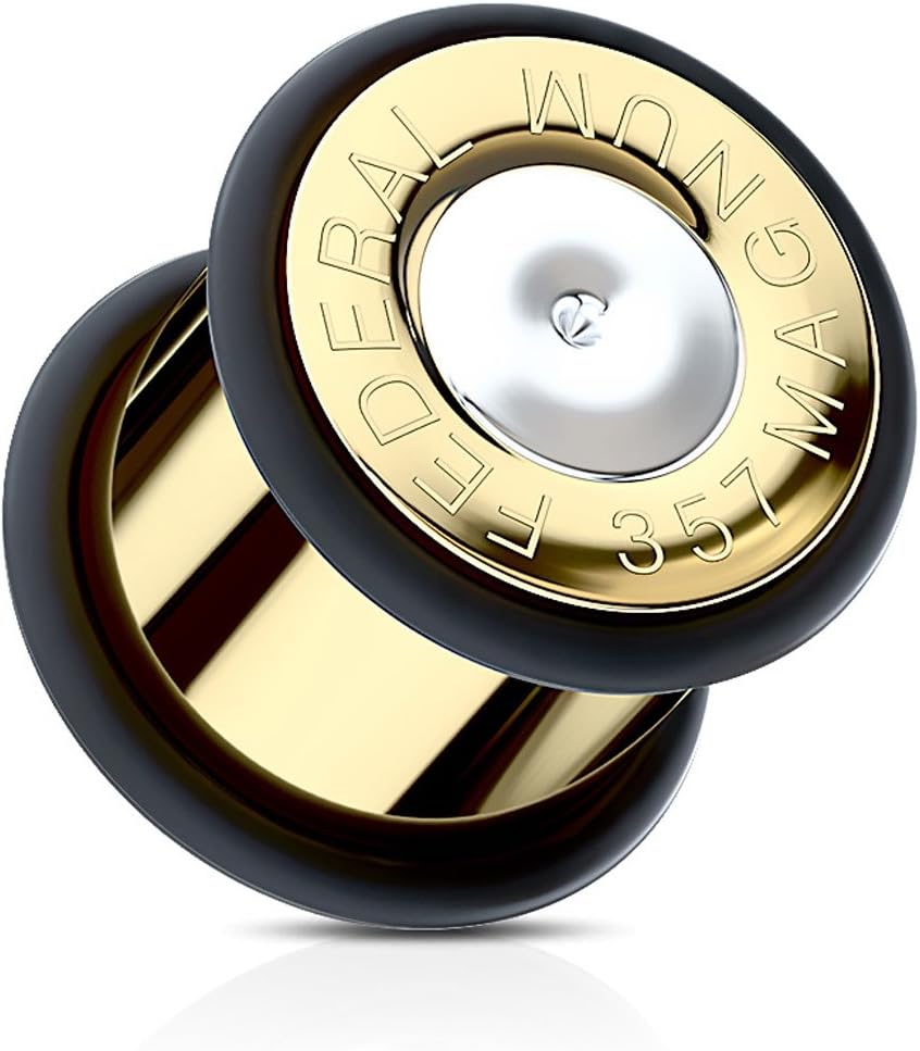 Flesh Tunnel Plug Ear Stainless Steel Ear Piercing Fake Bullet Ammunition gold 14 mm