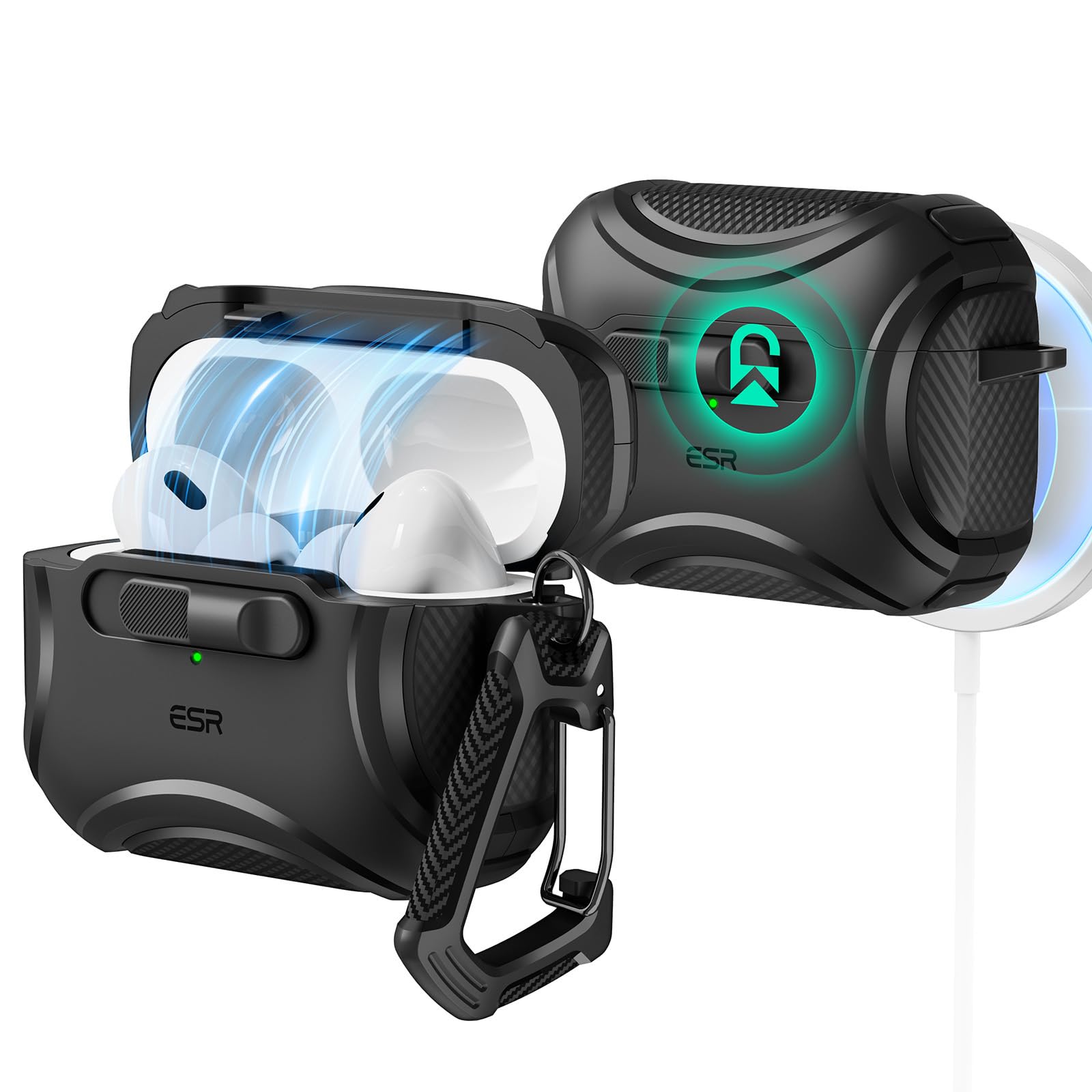 Photo 1 of ESR for AirPods Pro 2 Case (2023/2022/2019, 2nd/1st Gen), Compatible with AirPods Pro 2nd Generation (USB-C/Lightning Cable), Effortless MagSafe, Drop-Proof Lock, Easy Open, Cyber Series, Black